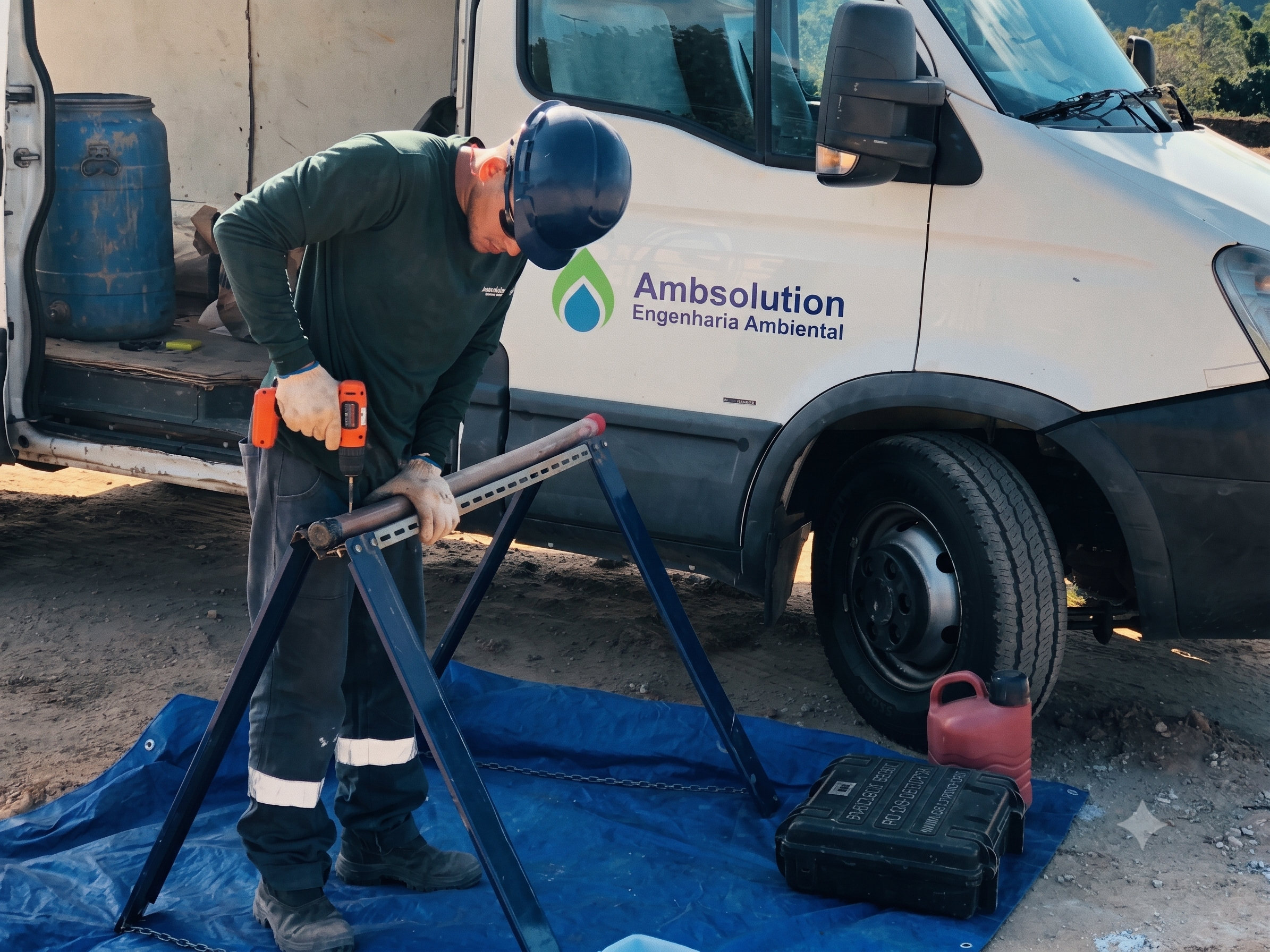 Técnico usa parafusadeira para abrir amostrador de liner em frente à van da Ambsolution durante amostragem de solo em campo