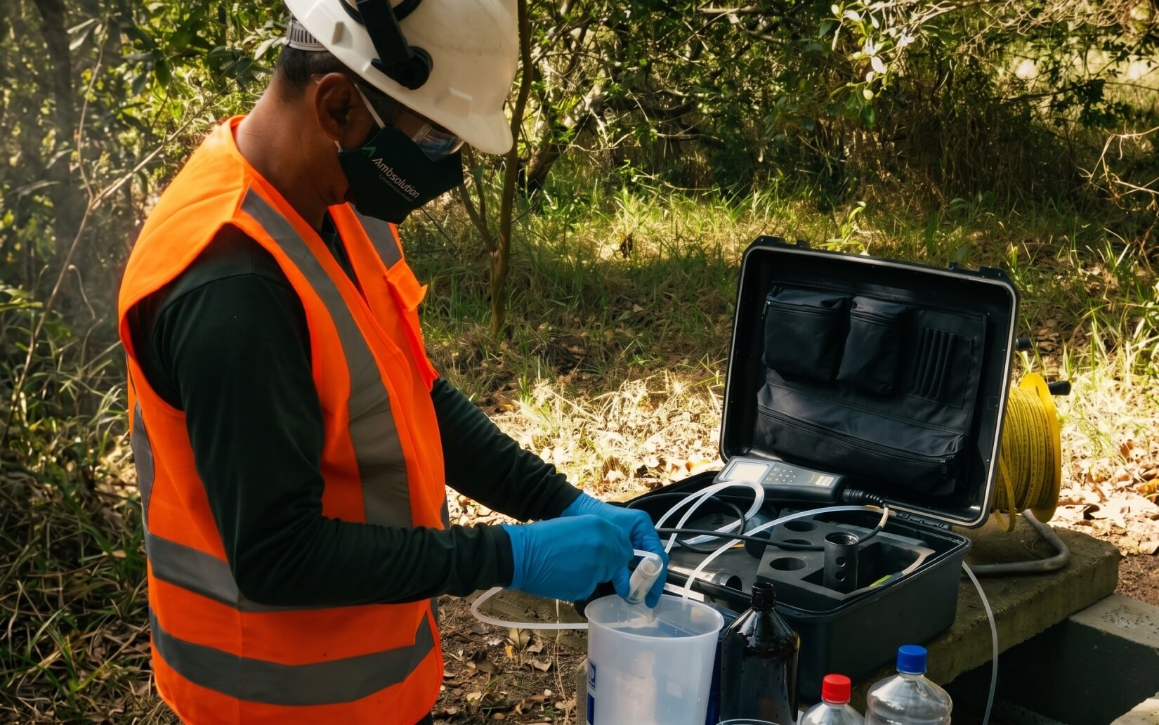 Técnico da Ambsolution utiliza equipamento multiparâmetro de análise de água para estudo de avaliação de risco à saúde humana